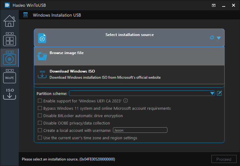 Select Windows installation source