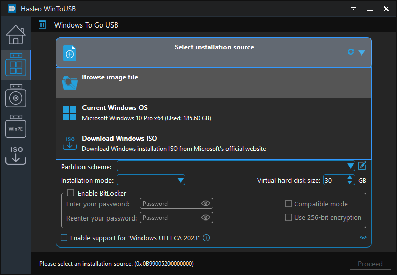 Select installation source for Windows To Go