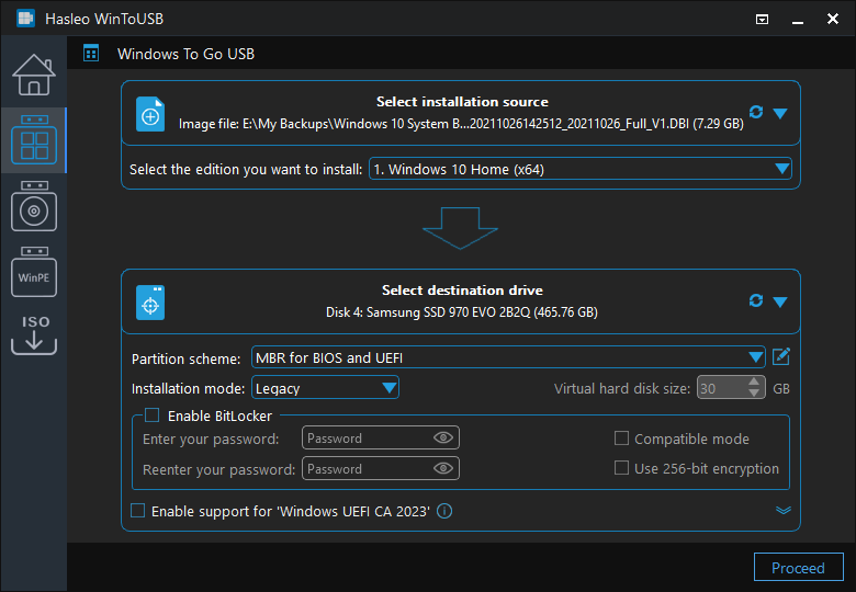 Select partition scheme and installation mode