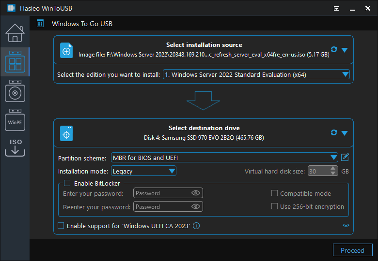 Select partition scheme and installation mode