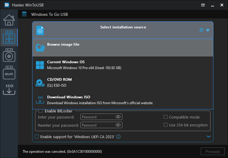 Select installation source for Windows To Go