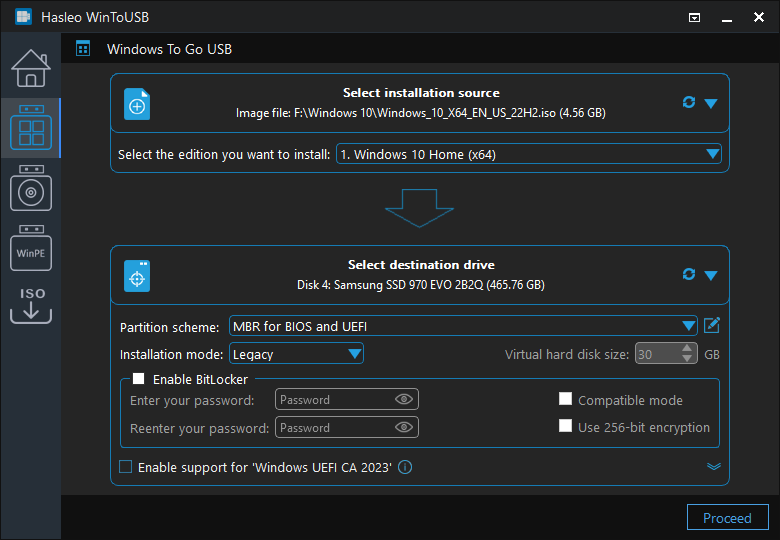 Select partition scheme and installation mode