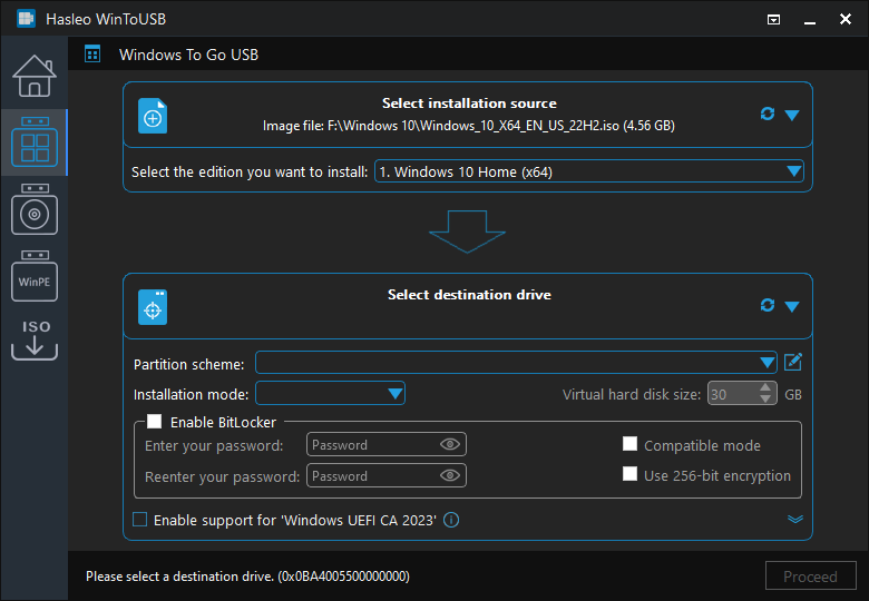 Select Windows edition for win to go