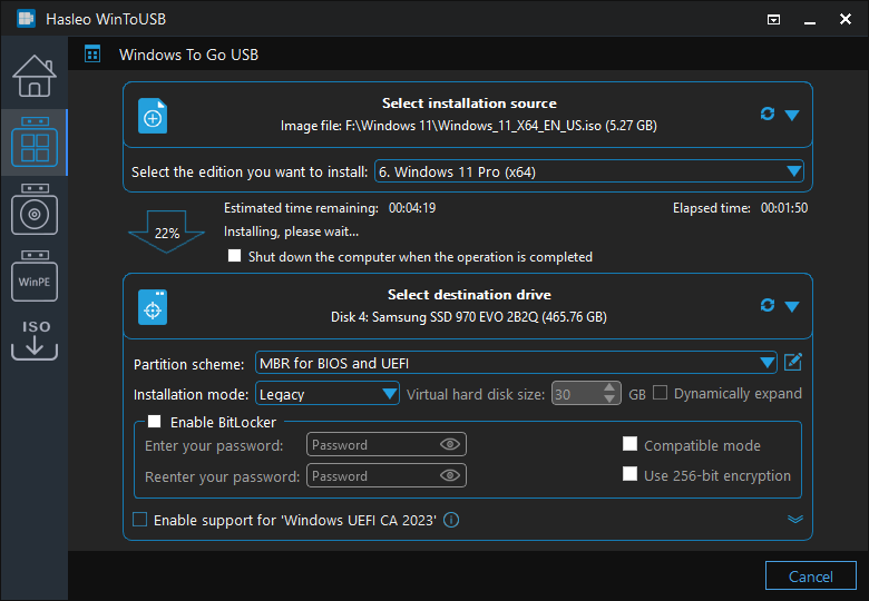 Installing Windows to USB drive