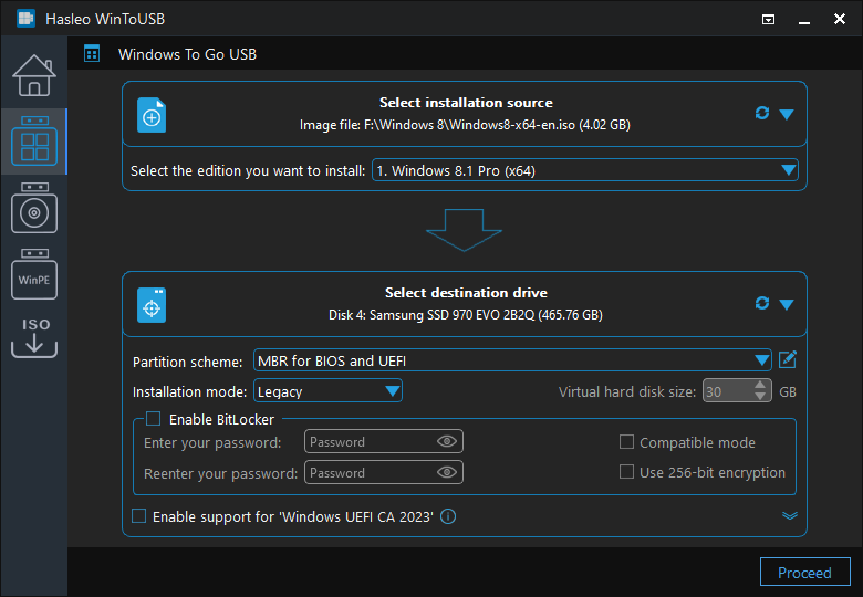 Select partition scheme and installation mode